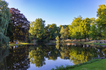 Landscape of public park Noorderplantsoen in Groningen city in The Netherlands at a sunny evening in summer