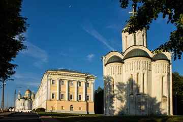 VLADIMIR, Russia - AUGUST, 17, 2022: old white-stone Dmitrievsky Cathedral with a golden dome...