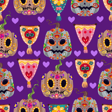 The day of the Dead. Mexican holiday. Die de los muertos. Vector illustration, festival, handmade, dark background, seamless pattern