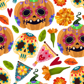 Mexican holiday. Die de los muertos. The day of the Dead. Vector illustration, festival, handmade, light background, seamless pattern