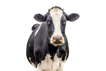 Cow isolated on white, black and white front view looking, pink nose medium shot