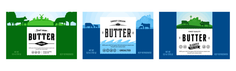 Vector butter label with cows, calves and farm. Butter packaging design template