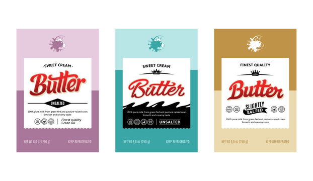 Vector butter logo. Sweet cream butter labels. Cow and milk icon