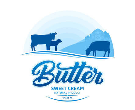 Butter logo with cows and farm. Butter calligraphic logotype