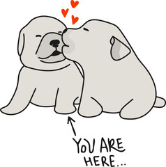 Cute hand-drawn cartoon illustration with dogs boy and girl. The theme of romance, love, and friendship, cute romantic animals couples in love. Greeting card, poster. Wedding, Valentine's Day