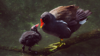 Moorhen and chick