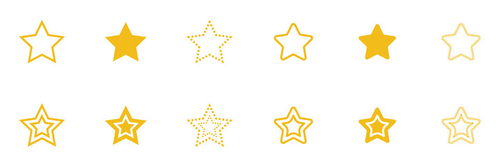 Conjunto de iconos de estrella amarilla. Colección de estrellas de diferentes estilos y diseños. Concepto de luz, decoración - obrazy, fototapety, plakaty
