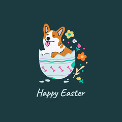 Easter art. Doodle illustration, a card with cartoon dog in egg with spring flowers. Colorful easter card with a corgi.