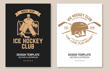 Ice Hockey club logo, badge design. Concept for shirt or logo, print, stamp or tee. Winter sport. Flyer, brochure, banner, poster with player, sticker, puck helmet and skates silhouette. Vector.