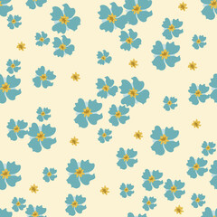 Stylish vector seamless pattern with scattered flowers. Elegant floral background  for wallpapers, fabric, textile, cloth, tiles, covers, packaging. Beige, light blue, yellow color. Doodle style 
