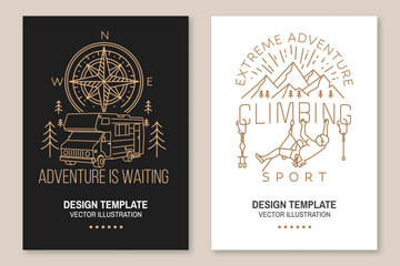 Set of camping inspirational quotes. Vector. Flyer, brochure, banner, poster line art typography design with climber, carabiners, climbing cams, hexes, compass, camper rv and forest silhouette.