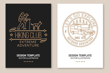 Set of camping inspirational quotes. Vector. Flyer, brochure, banner, poster line art typography design with hiker, dog, hiking stick, camper rv and forest silhouette.