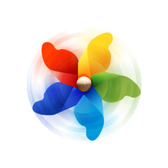colorful toy wind turbine turning, Children`s colorful toy pinwheel turning isolated on white background, Pinwheel with 5 Points