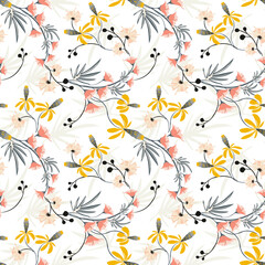 Beautiful floral motif. Vector texture. Small  of gentle tones flowers intertwined in a seamless pattern on a white background. Elegant repeat design for decor, fabric, wallpapers, print, covers