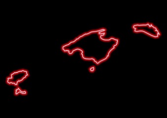 Red glowing neon map of Baleares Spain on black background.