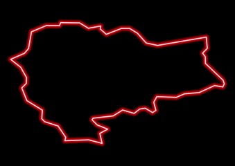 Red glowing neon map of Ballymoney United Kingdom on black background.