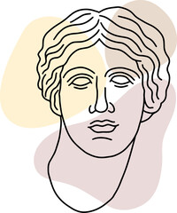 Hand drawn line art of antique Greek girl head. Illustration of classic greek sculpture  with color spots background.