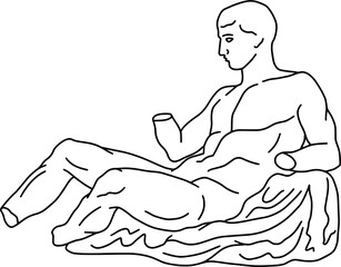 Illustration of antique statue of reclining man. Line drawing of ancient greek sculpture 