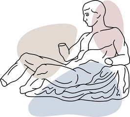 Illustration of antique statue of reclining man. Line drawing of ancient greek sculpture with color spots background.