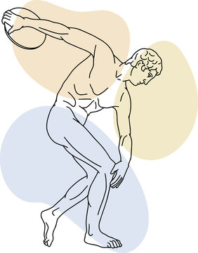 Illustration of discus thrower. Line drawing of ancient greek sculpture with color spots background.