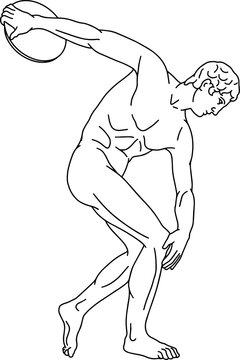 Illustration of discus thrower. Line drawing of ancient greek sculpture 