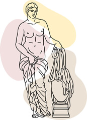 Illustration of antique statue of Aphrodite of Knidos. Line drawing of ancient greek sculpture with color spots background.