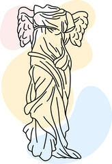 Illustration of Winged Victory of Samothrace. Line drawing with color spots background.