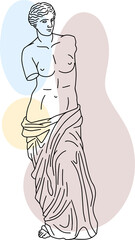 Illustration of antique statue of Aphrodite or Venus de Milo. Line drawing of ancient greek sculpture with color spots background.