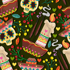 Die de los muertos. The day of the Dead. Mexican holiday. Vector illustration, festival. dark background, seamless pattern, handmade