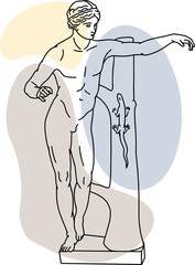 Illustration of Apollo  with lizard. Line drawing of ancient greek sculpture with color spots background.