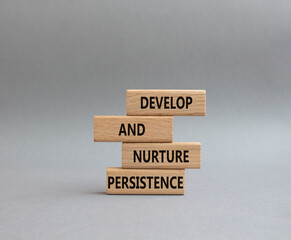 Persistence and development symbol. Wooden blocks with words Develop and nurture persistence. Beautiful grey background. Business and Develop and nurture persistence concept. Copy space.