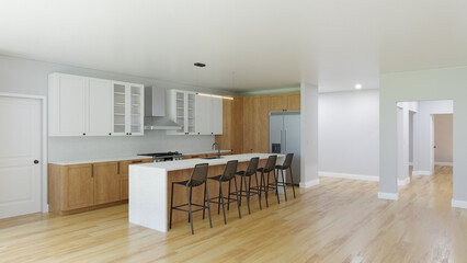 Fototapeta premium 3D visualization of a kitchen with a wooden floor.