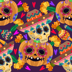 Die de los muertos. The day of the Dead. Mexican holiday. Vector illustration, festival, dark background, seamless pattern