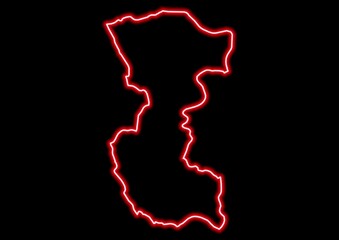 Red glowing neon map of Bengo Angola on black background.