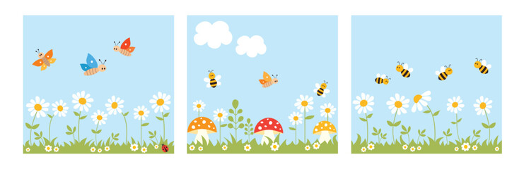 Ensemble de fond de paysage naturel avec des abeilles mignonnes, des papillons, des champignons, des coccinelles, des marguerites, de l& 39 herbe et des nuages. Illustration vectorielle.