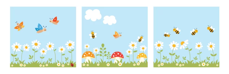 Foto op Plexiglas Set van natuur landschap achtergrond met schattige bijen, vlinders, paddenstoelen, lieveheersbeestje, madeliefjes, gras en wolken. Vector illustratie. © Evalinda