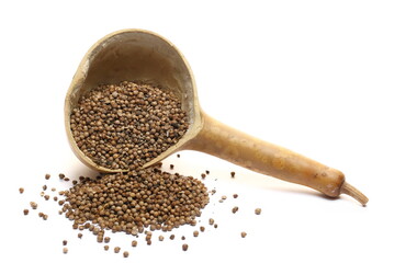 Coriander seeds pile with calabash gourd half isolated on white 
