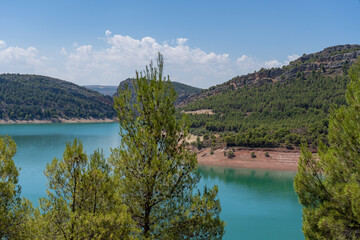 Paisaje verde de la costa en el mar, periodo vacacional de verano en el mara con aguas azules y arboles