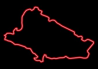 Fototapeta na wymiar Red glowing neon map of Bjelovarsko-bilogorska Croatia on black background.