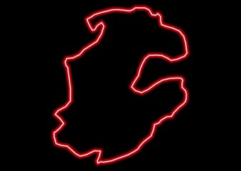 Red glowing neon map of Boulkiemdé Burkina Faso on black background.