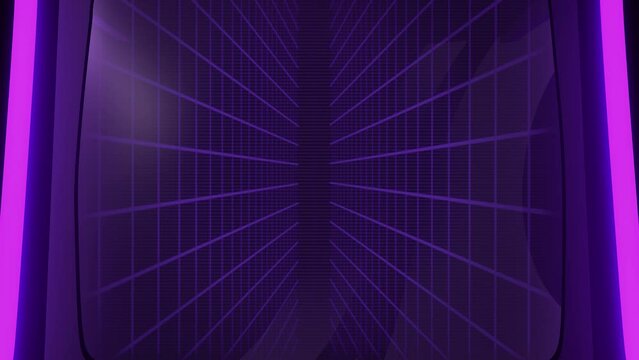 Game over. Arcade game machine outro transition. 3D graphics animation template. Zoom out from the screen of a videogame, with a retro, purple neon aesthetic