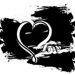 Vector illustration of heart and love inscription. Black and white. Grunge. Street style.