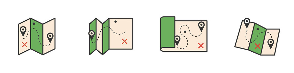 Conjunto de iconos de mapa con ruta de ubicación de diferentes estilos. Concepto de viaje