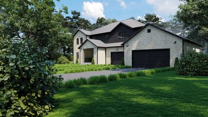 Fototapeta na wymiar Large beautiful house with two garages. 3d render of a house. 