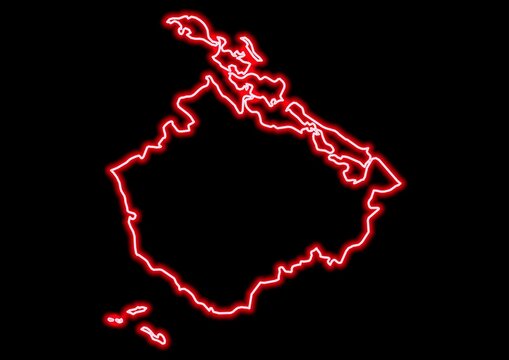 Red glowing neon map of Camagüey Cuba on black background.