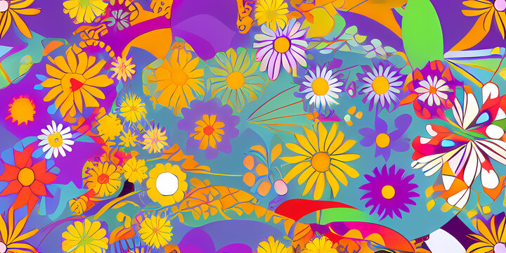 Digital illustration with flower pattern and multicolor nature background.