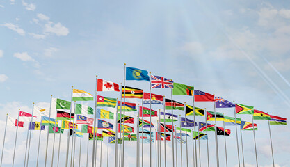 The flag of the Commonwealth of Nations with the flags of the organization's countries along with...
