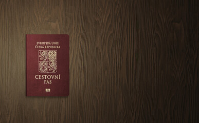 Czech passport on a wooden background, Czech passport is an international travel document issued to citizens of the Czech Republic