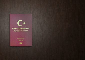 Turkish passport on a wooden background, Turkish passports are issued to citizens of Turkey to travel outside the country