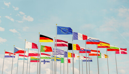 The flag of the European Union with the flags of the European Union waving in the sky